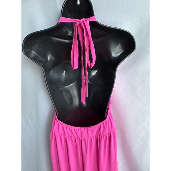 Maxi Magenta Hot Pink Halter Neck Dress Size M Barbiecore Feminine Open Back - Picture 6 of 10